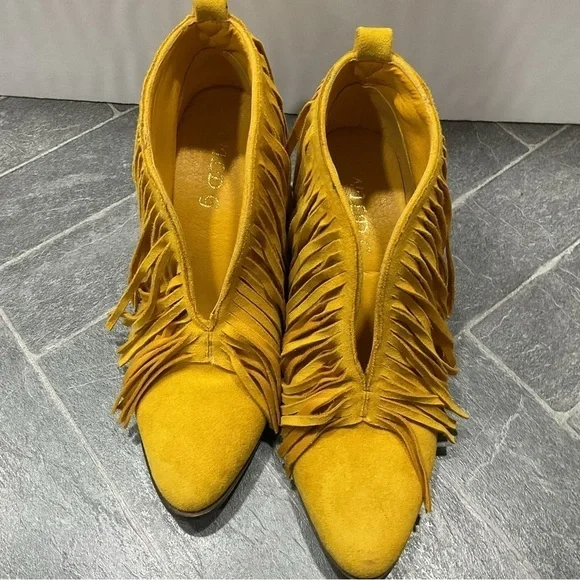 Wild G Golden Yellow Fringe Slip On Bootie Ankle Boot - Picture 10 of 11